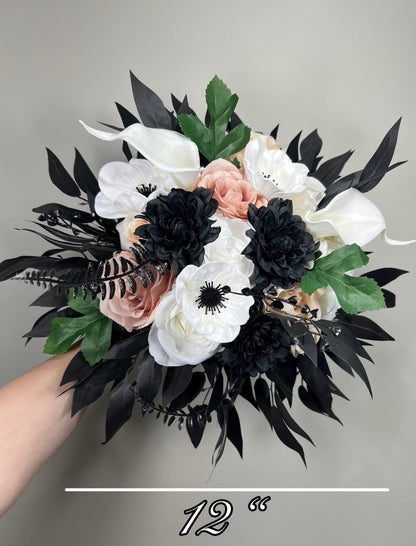 Black Bouquet Cascade White Bridal Gothic Cascading Bouquet Black Dusty Rose Bridesmaids Black Bouquet Ivory Anemone Artificial Flower