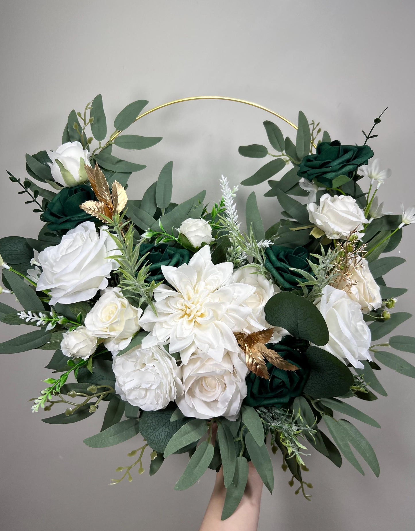 Emerald Green Hoop Floral Wedding White Hoop Hunter Green Gold Alternative Bridesmaids Bouquet Ring Wreath Flower Girl Hoop Dark Green