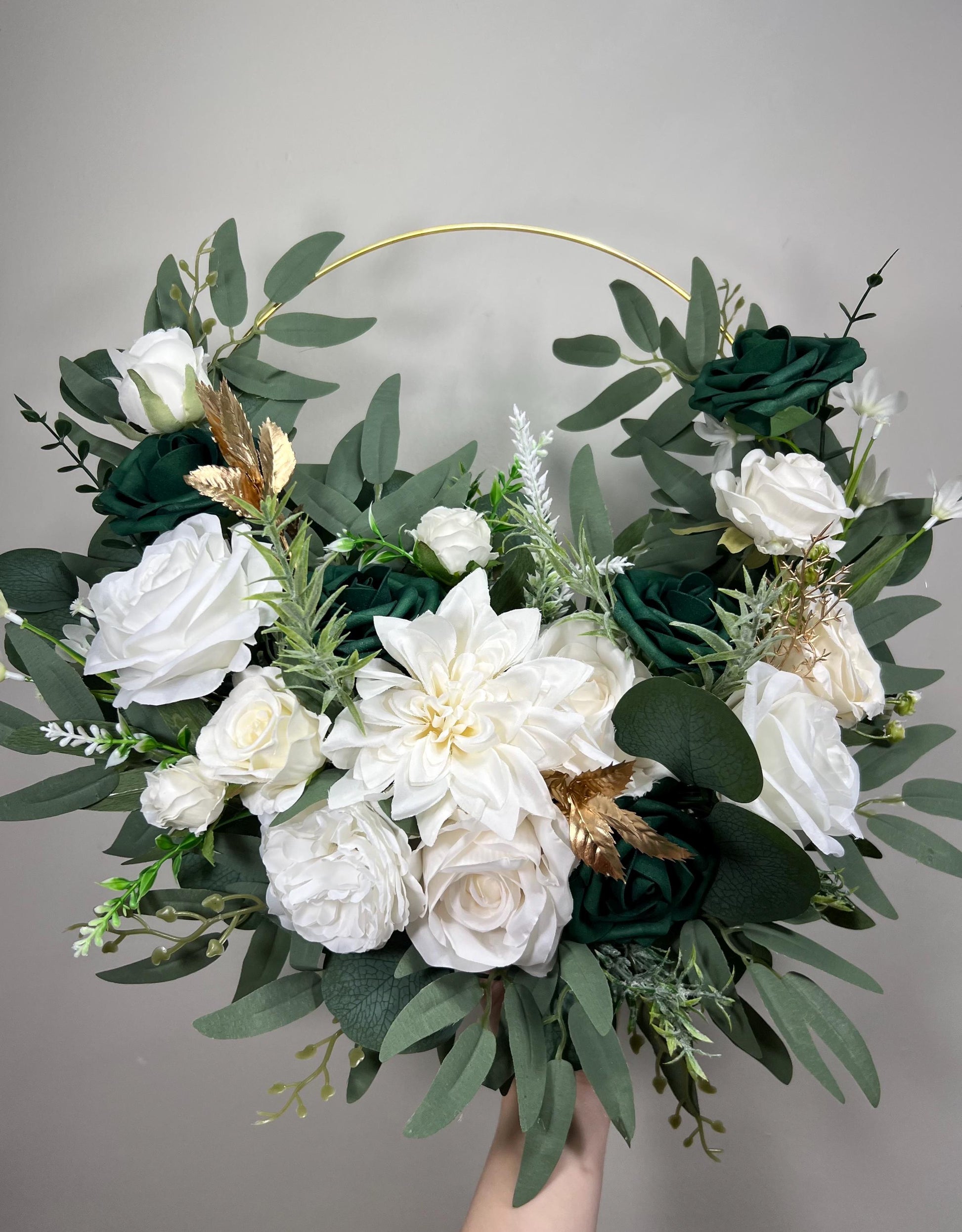 Emerald Green Hoop Floral Wedding White Hoop Hunter Green Gold Alternative Bridesmaids Bouquet Ring Wreath Flower Girl Hoop Dark Green