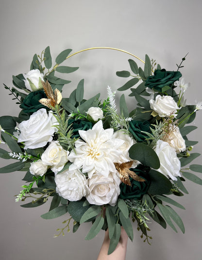 Emerald Green Hoop Floral Wedding White Hoop Hunter Green Gold Alternative Bridesmaids Bouquet Ring Wreath Flower Girl Hoop Dark Green