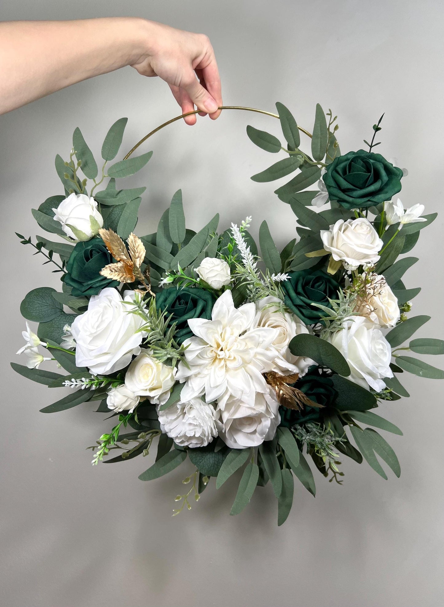Emerald Green Hoop Floral Wedding White Hoop Hunter Green Gold Alternative Bridesmaids Bouquet Ring Wreath Flower Girl Hoop Dark Green
