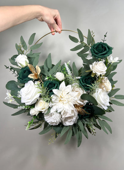Emerald Green Hoop Floral Wedding White Hoop Hunter Green Gold Alternative Bridesmaids Bouquet Ring Wreath Flower Girl Hoop Dark Green