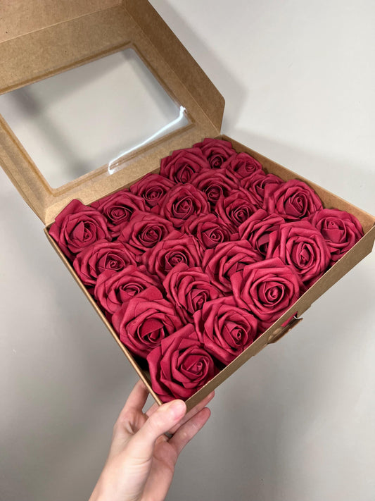 Burgundy Flower Artificial Wedding DIY Craft Supplies Wine Red Rose Wedding Marsala Flower Head with Stem Fake Flowers Dark Red Rose Heads