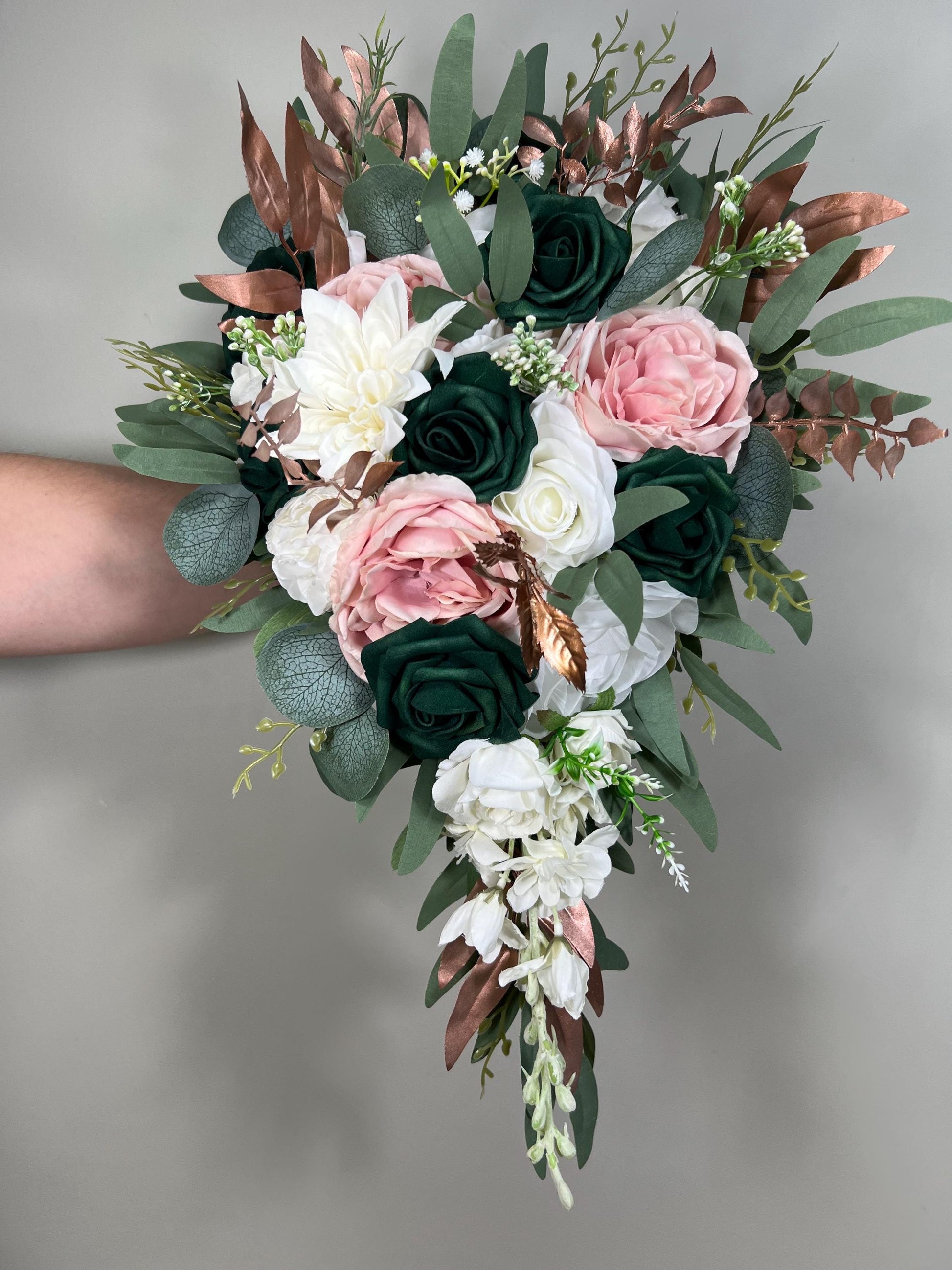 Emerald Green Bouquet Bridal Cascade White Blush Bridesmaids Bouquet Rose Gold Cascading Bouquet Ivory Hunter Green Forest Artiricial Flower