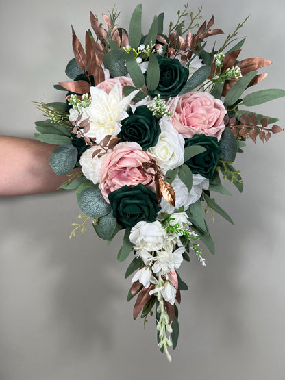 Emerald Green Bouquet Bridal Cascade White Blush Bridesmaids Bouquet Rose Gold Cascading Bouquet Ivory Hunter Green Forest Artiricial Flower