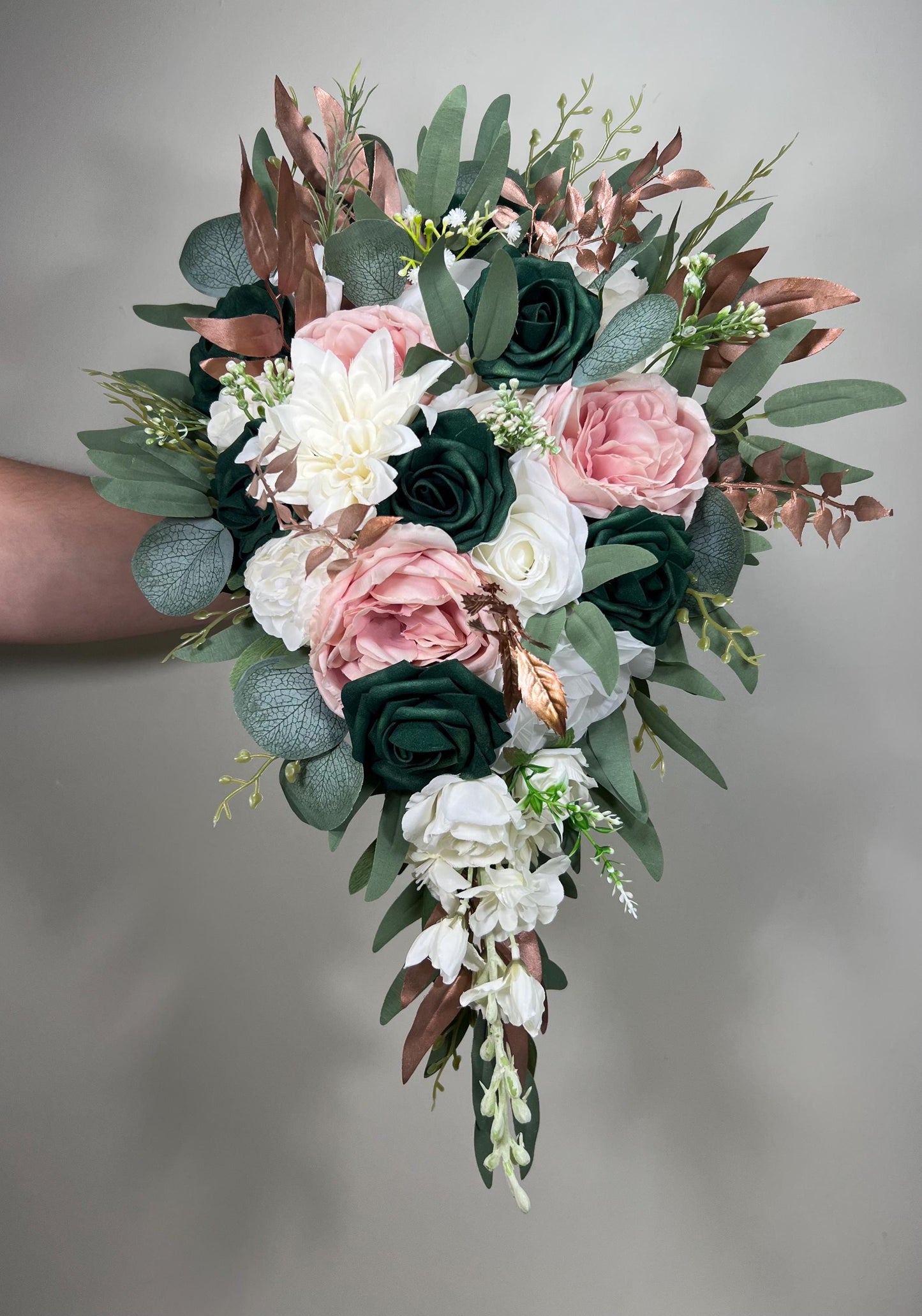 Emerald Green Bouquet Bridal Cascade White Blush Bridesmaids Bouquet Rose Gold Cascading Bouquet Ivory Hunter Green Forest Artiricial Flower