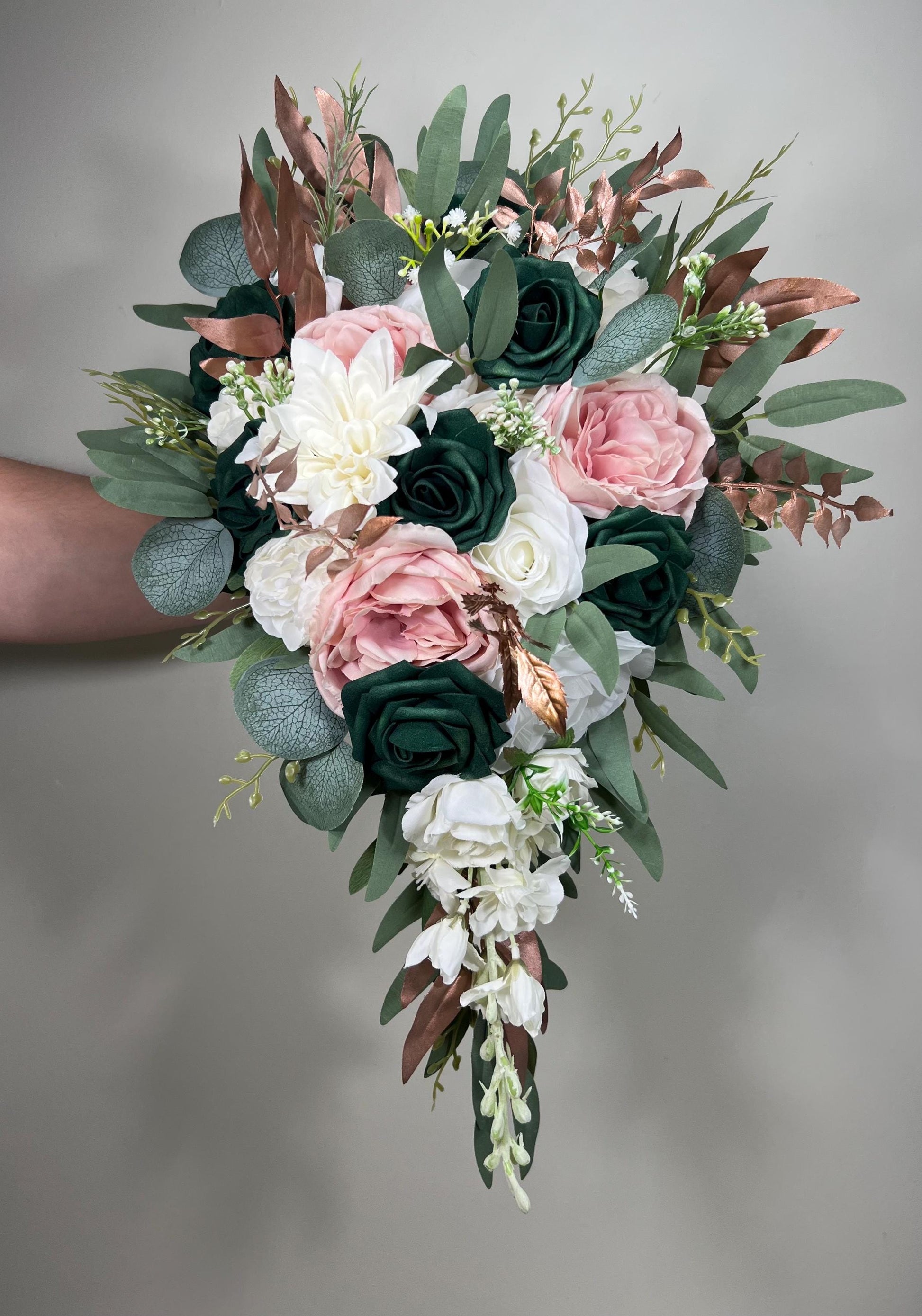 Emerald Green Bouquet Bridal Cascade White Blush Bridesmaids Bouquet Rose Gold Cascading Bouquet Ivory Hunter Green Forest Artiricial Flower