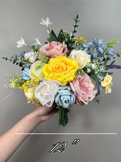 Yellow Pink Blue Bouquet Wedding Summer Bridal Bouquet Pastel Bridesmaids Bouquet Peony Bouquet Ranunculus Colorful Bouquet Artificial