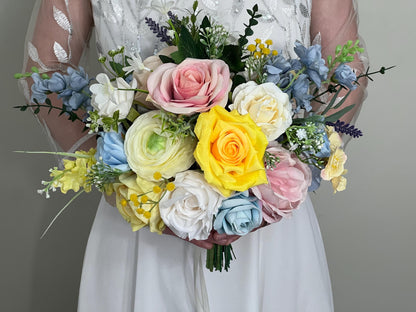 Yellow Pink Blue Bouquet Wedding Summer Bridal Bouquet Pastel Bridesmaids Bouquet Peony Bouquet Ranunculus Colorful Bouquet Artificial