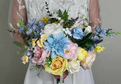Pastel Bouquet Wedding Garden Bridal Bouquet Wild Flowers Pink Bridesmaids Bouquet Peony Bouquet Dahlia Blue Colorful Bouquet Yellow