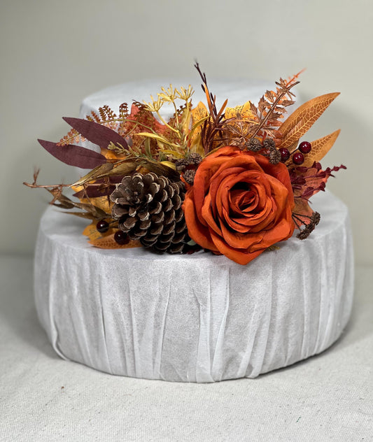 Fall Cake Decoration Wedding Burnt Orange Cake Flower Arrangement Pine Cone Rustic Cake Decor Artificial Flowers Terracotta Floral Cake