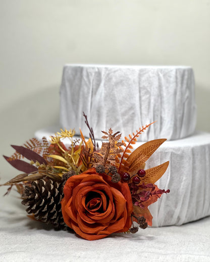 Fall Cake Decoration Wedding Burnt Orange Cake Flower Arrangement Pine Cone Rustic Cake Decor Artificial Flowers Terracotta Floral Cake