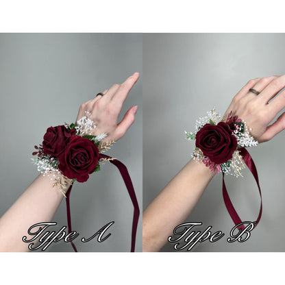Burgundy Corsage Wedding Wrist Corsage Burgundy Gold Bridesmaids Baby Breath Corsage Wine Red Prom Corsage Maroon Artificial Flower