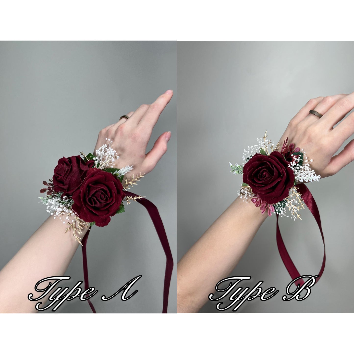 Burgundy Corsage Wedding Wrist Corsage Burgundy Rose Corsage Gold Bridesmaids Baby Breath Corsage Wine Red Prom Maroon Rose Artificial