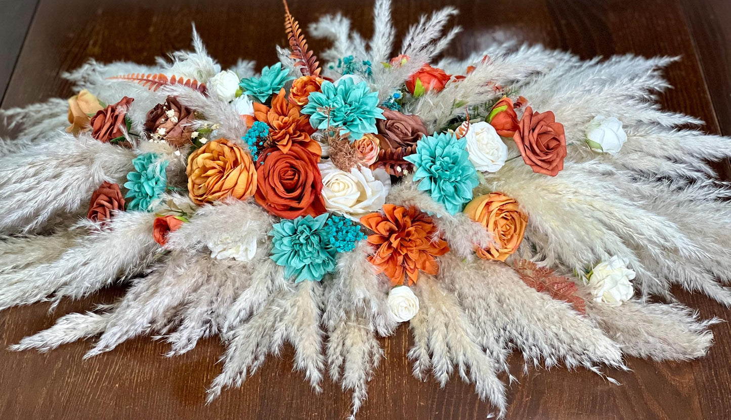 Turquoise Terracotta Sweetheart Wedding Boho Burnt Orange Teal Decor Pampas Grass White Teal Blue Rust Decor Table Centerpiece Artificial
