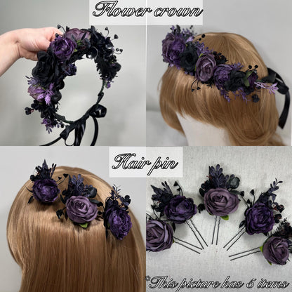 Black Purple Flower Crown Black Wedding Crown Gothic Floral Headband Black Flower Adult Crown Flower Girl Wreath Plum Black Crown Hair
