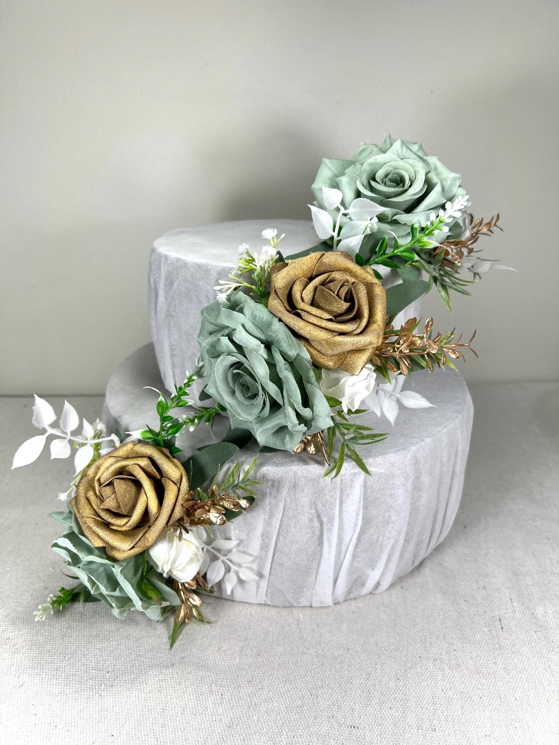 Sage Green Cake Decor Flower Wedding White Dusty Sage Green Gold Cake Arrangement Flower Artificial Ivory Sage Green Eucalyptus