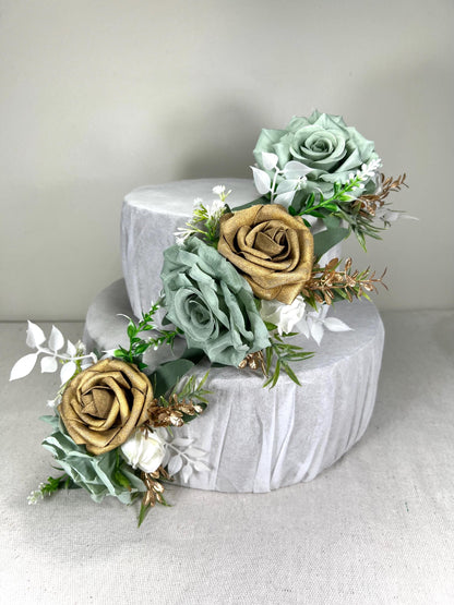 Sage Green Cake Decor Flower Wedding White Dusty Sage Green Gold Cake Arrangement Flower Artificial Ivory Sage Green Eucalyptus