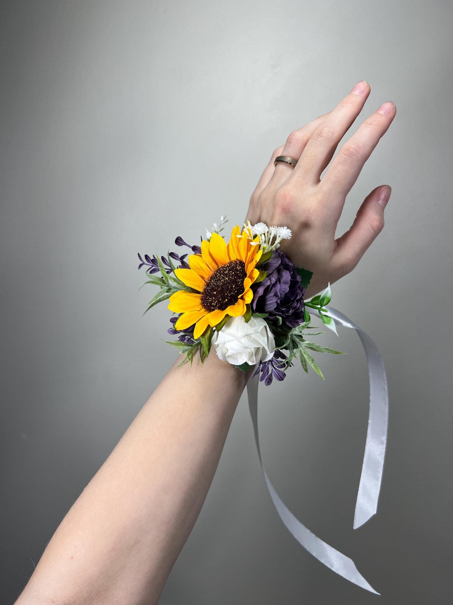 Sunflower Corsage Wedding Purple Wrist Corsage Yellow Sunflower Plum Baby Breath Bridesmaids Corsage Mom White Fall Sunflower Eucalyptus