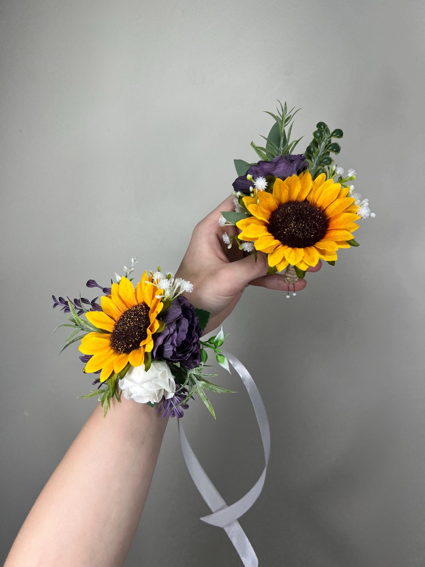 Sunflower Corsage Wedding Purple Wrist Corsage Yellow Sunflower Plum Baby Breath Bridesmaids Corsage Mom White Fall Sunflower Eucalyptus
