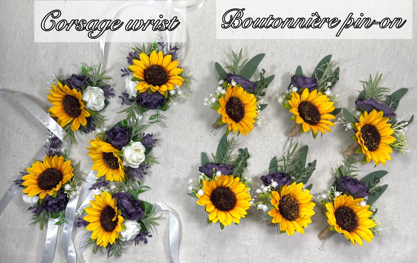 Sunflower Boutonnière Wedding Dark Purple Groom Boutonniere Yellow Sunflower Plum Baby Breath Groomsmen Boutonnieres White Sage Greenery