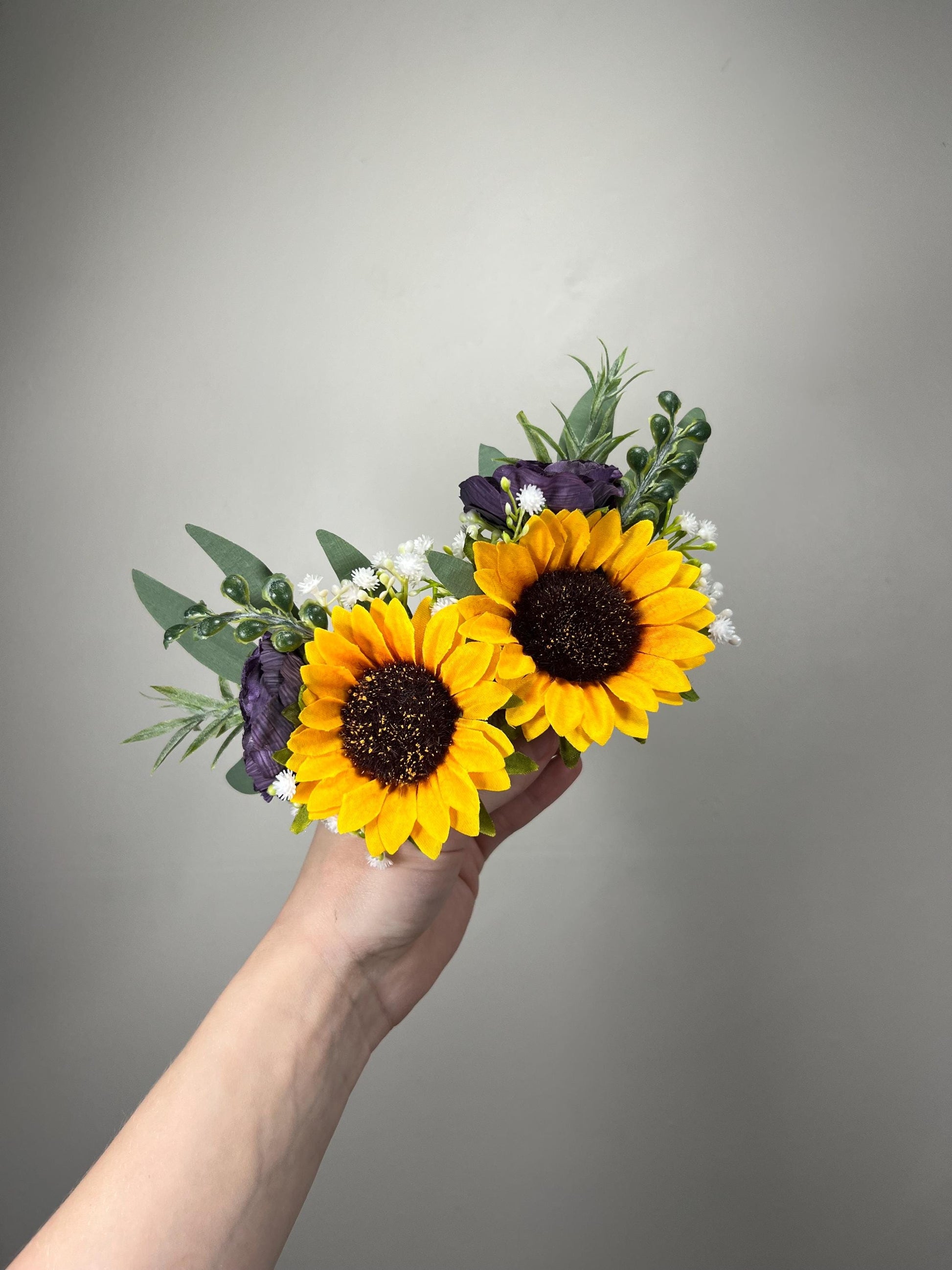 Sunflower Boutonnière Wedding Dark Purple Groom Boutonniere Yellow Sunflower Plum Baby Breath Groomsmen Boutonnieres White Sage Greenery