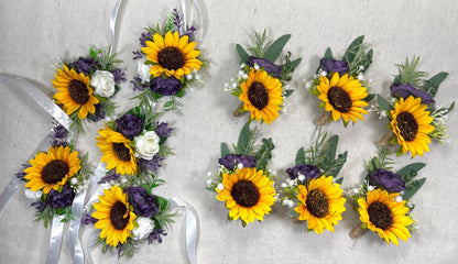 Sunflower Boutonnière Wedding Dark Purple Groom Boutonniere Yellow Sunflower Plum Baby Breath Groomsmen Boutonnieres White Sage Greenery