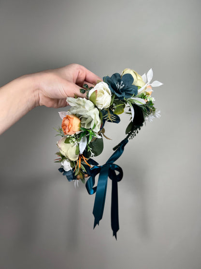 Teal White Flower Crown Wedding Dusty Teal Blue Sage Green Headband Ivory Terracotta Dark Teal Floral Crown Artiricial Flowers Dusty Sage