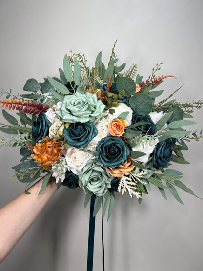 Teal Sage Green Bouquet Wedding White Dusty Teal Blue Bouquet Bridesmaids Dusty Sage Green Greenery Terracotta Ivory Teal Artiticial Flower