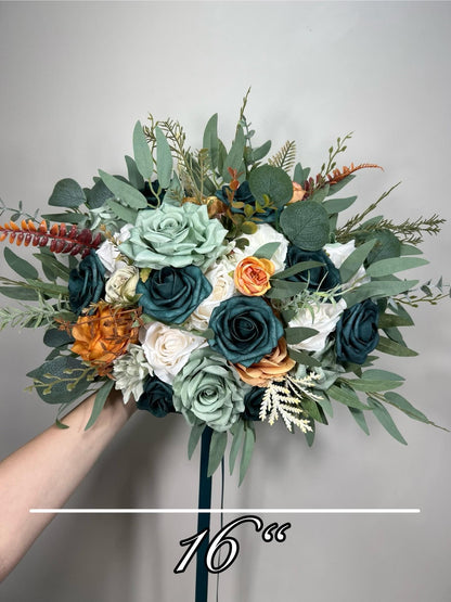 Teal Sage Green Bouquet Wedding White Dusty Teal Blue Bouquet Bridesmaids Dusty Sage Green Greenery Terracotta Ivory Teal Artiticial Flower