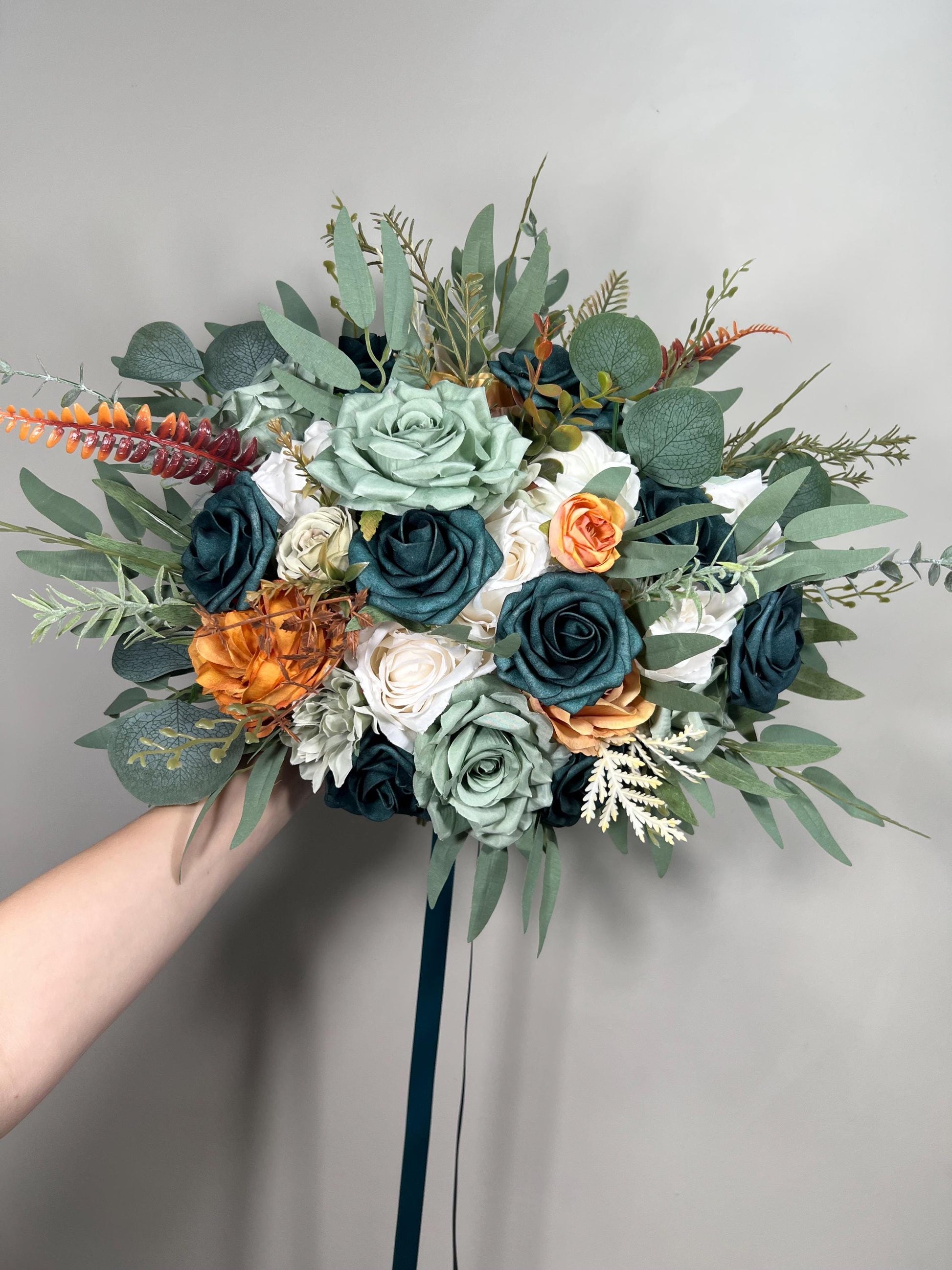 Teal Sage Green Bouquet Wedding White Dusty Teal Blue Bouquet Bridesmaids Dusty Sage Green Greenery Terracotta Ivory Teal Artiticial Flower