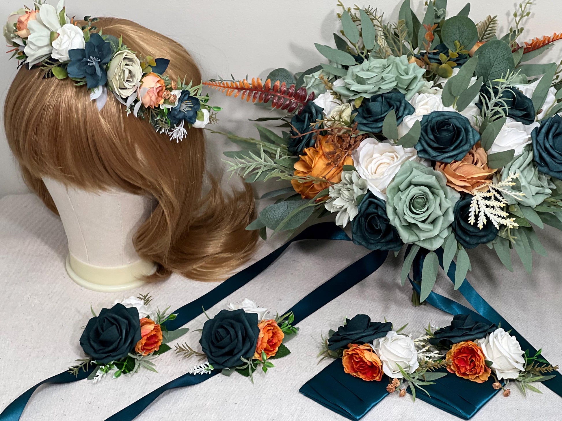 Teal Sage Green Bouquet Wedding White Dusty Teal Blue Bouquet Bridesmaids Dusty Sage Green Greenery Terracotta Ivory Teal Artiticial Flower