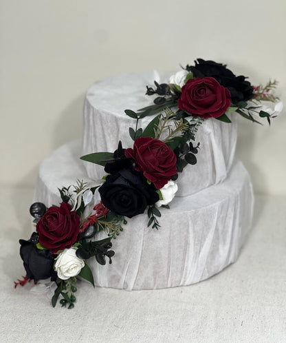 Black Burgundy White Cake Decoration Wedding Flower Artificial Maroon Black Topper Cake Decor Wine Red Ivory Black Gothic Cake Arrangement
