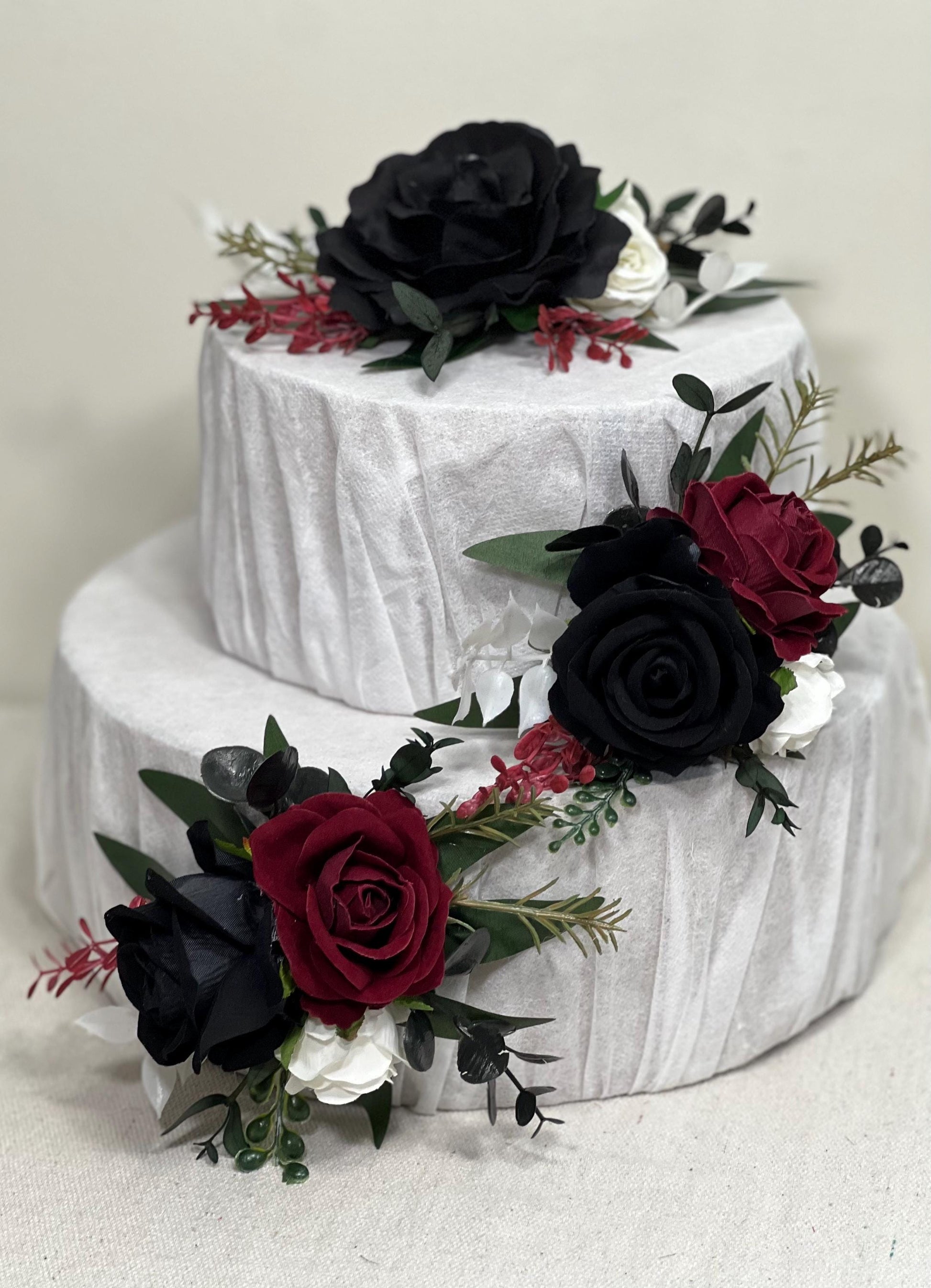 Black Burgundy White Cake Decoration Wedding Flower Artificial Maroon Black Topper Cake Decor Wine Red Ivory Black Gothic Cake Arrangement