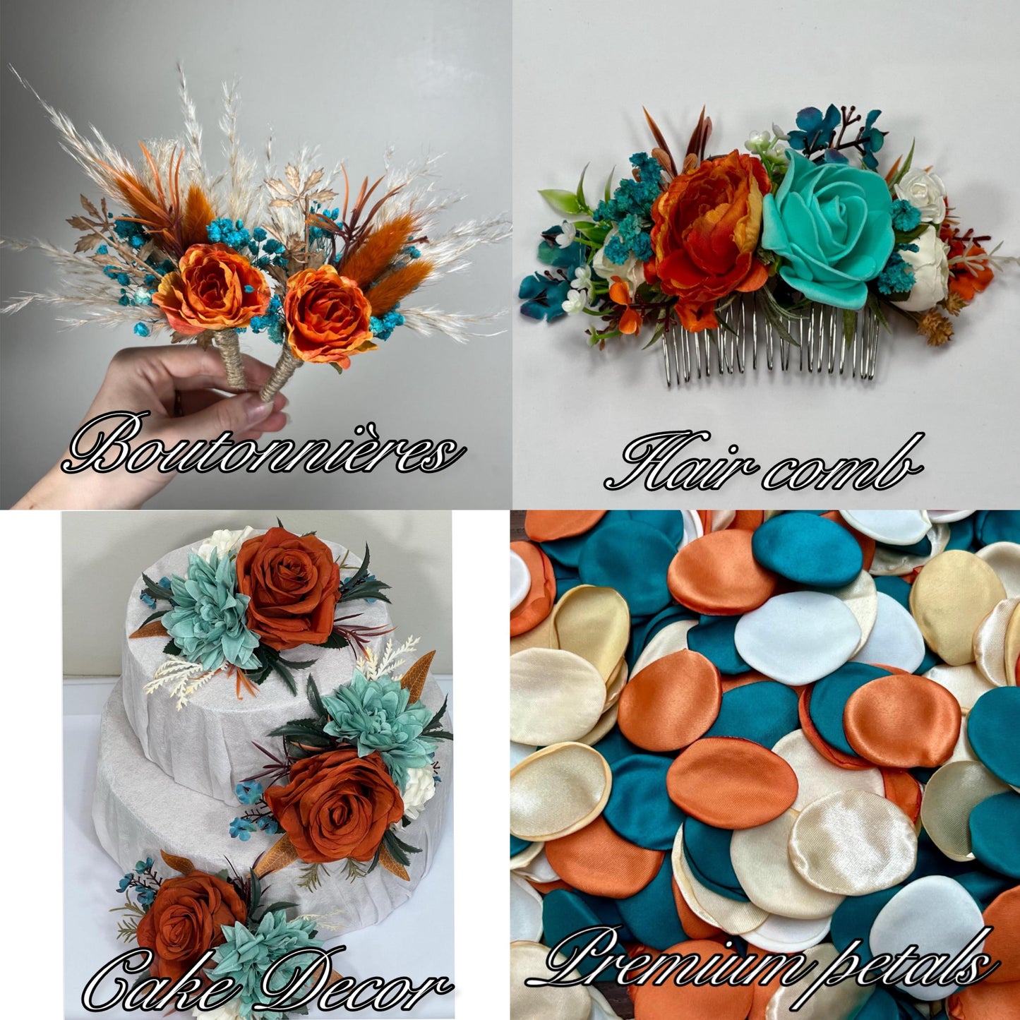 Bridesmaids Bouquet Teal Orange Wedding Boho Turquoise Terracotta Small Bouquet Petite Pampas Grass Rust Baby Breath White Ivory Teal Blue
