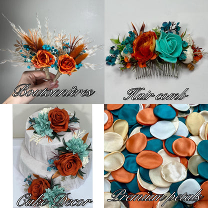 Bridesmaids Bouquet Teal Orange Wedding Boho Turquoise Terracotta Small Bouquet Petite Pampas Grass Rust Baby Breath White Ivory Teal Blue
