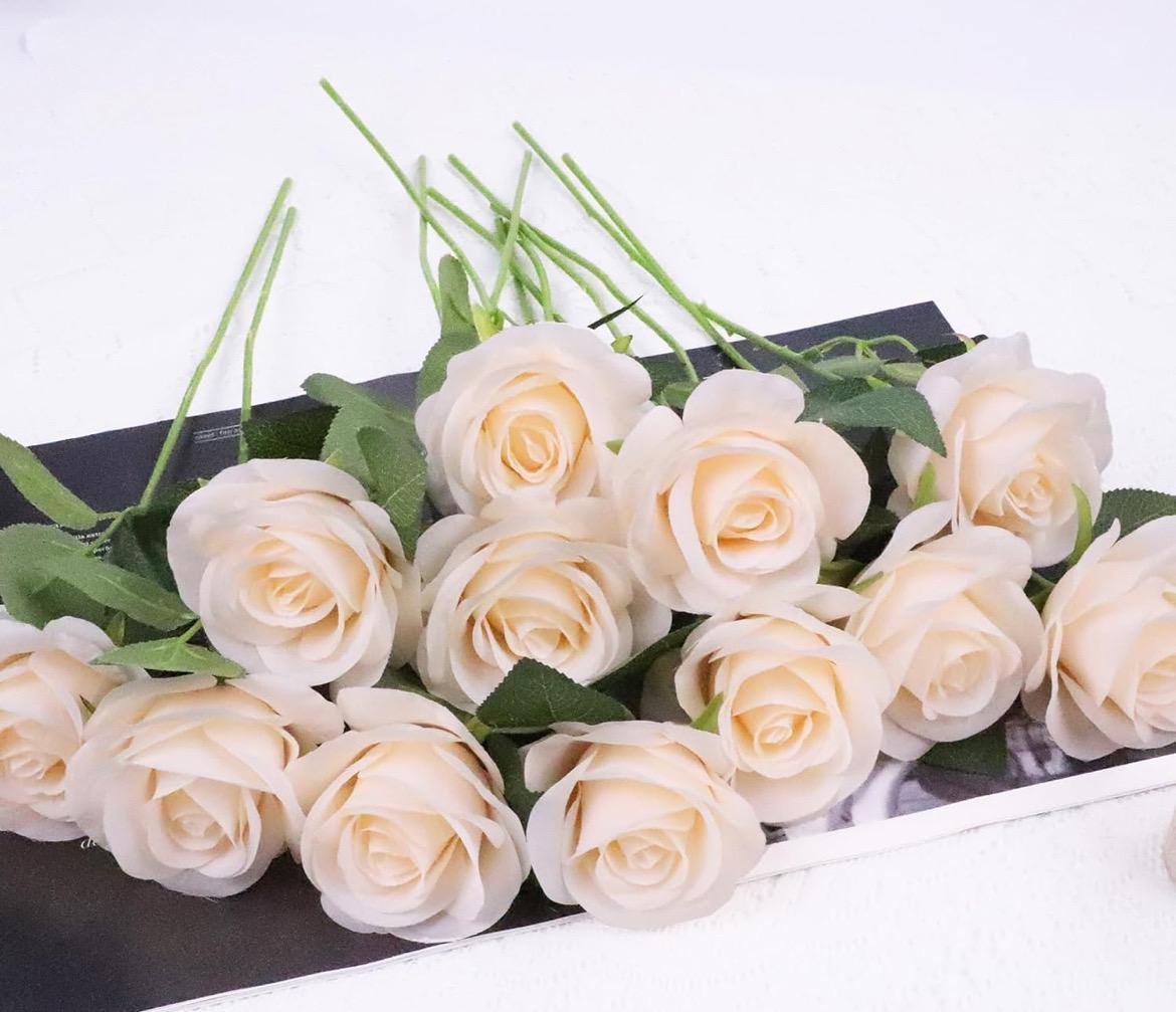 Champagne Roses Artificial Flower Heads with Stem Ivory Wedding Roses for Bouquet DIY Cream Roses Off White Supplies Flower Fake