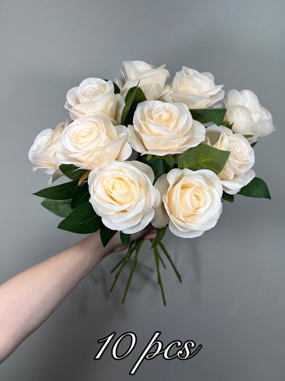 Champagne Roses Artificial Flower Heads with Stem Ivory Wedding Roses for Bouquet DIY Cream Roses Off White Supplies Flower Fake
