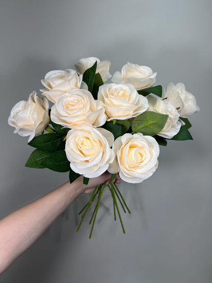 Champagne Roses Artificial Flower Heads with Stem Ivory Wedding Roses for Bouquet DIY Cream Roses Off White Supplies Flower Fake