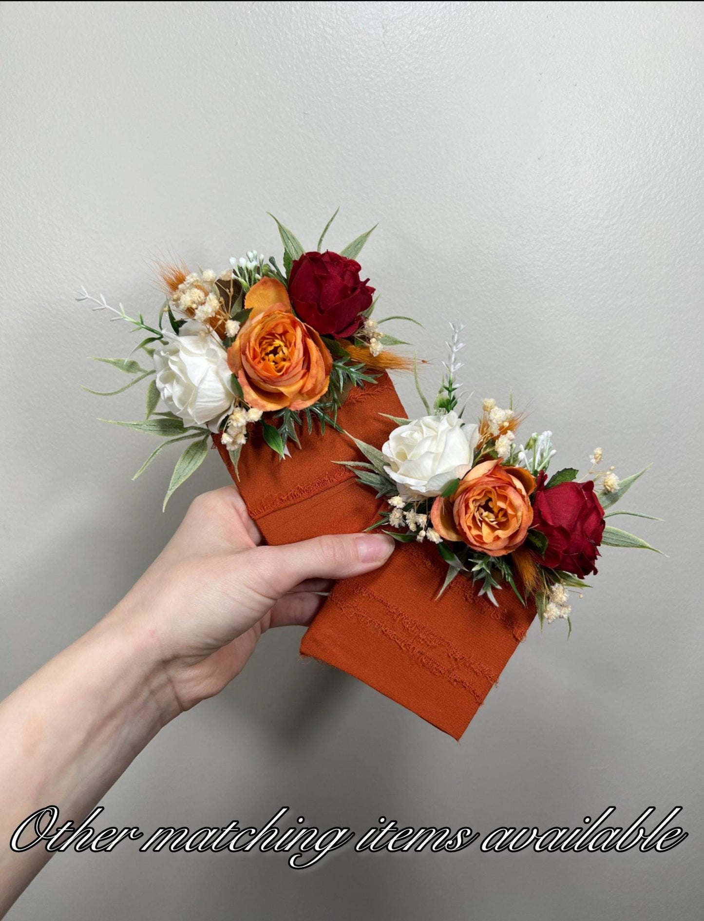 Wedding Pocket Boutonniere Terracotta Groom Boutonnière Square Groomsmen Rust White Burnt Orange Ivory Boutonniere Red Artificial Flowers