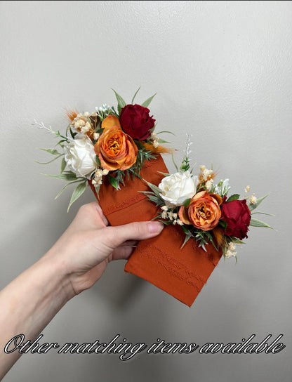 Burnt Orange Pocket Boutonniere, Fall Wedding Flowers, Burgundy Groom Pocket Square, Dark Red Terracotta Rose Groomsmen Boutonniere DUP