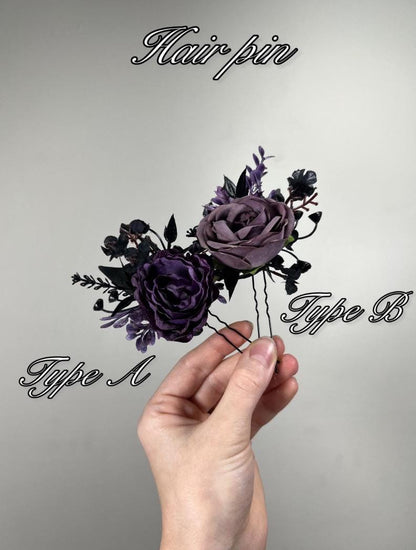 Black Purple Hair Comb, Gothic Bridal Hair Piece, Dark Plum Wedding Hair Accessory, Floral Hair Comb, Elegant Gothic Wedding Headpiece