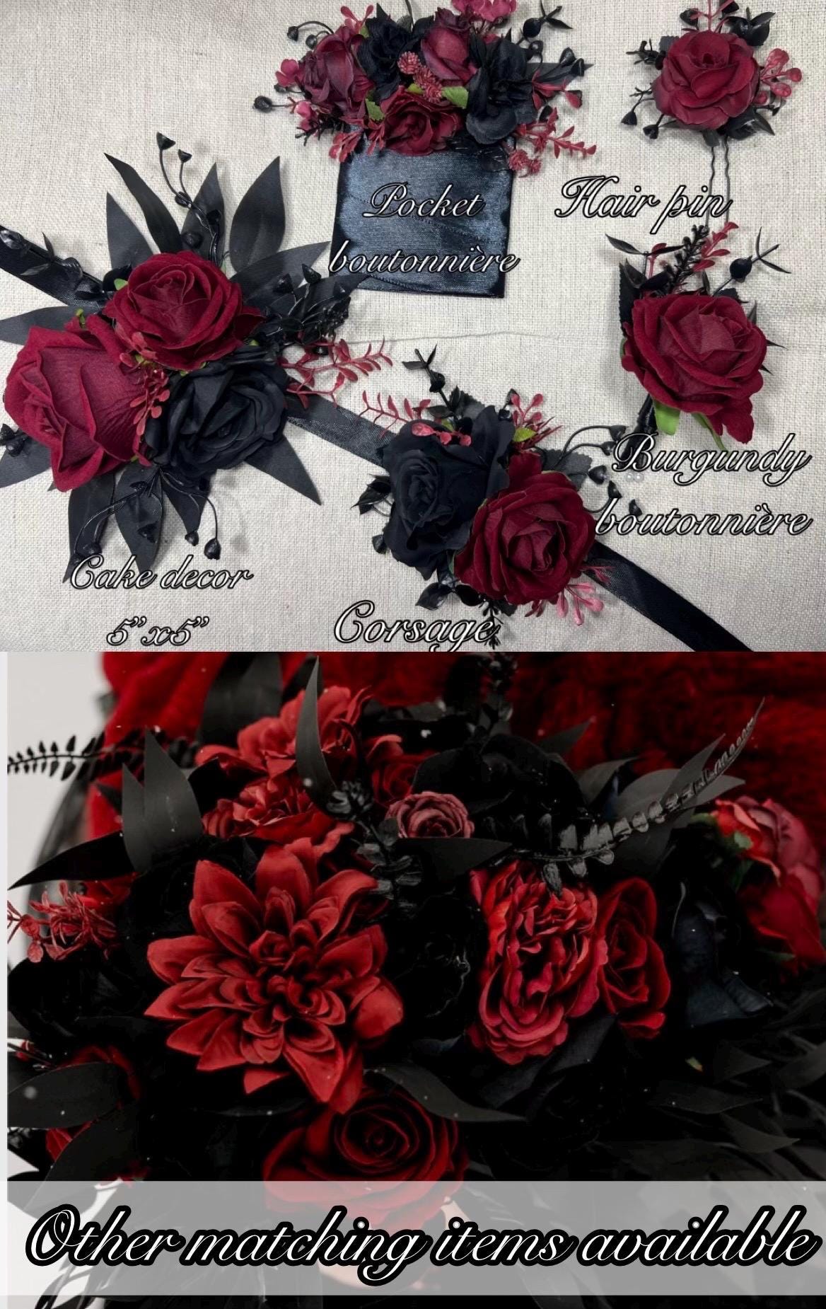 Black Cake Decor Wedding Topper Burgundy Black Decor Flower Cake Arrangement Black Gothic Cake Decoration Burgundy Artificial Flower