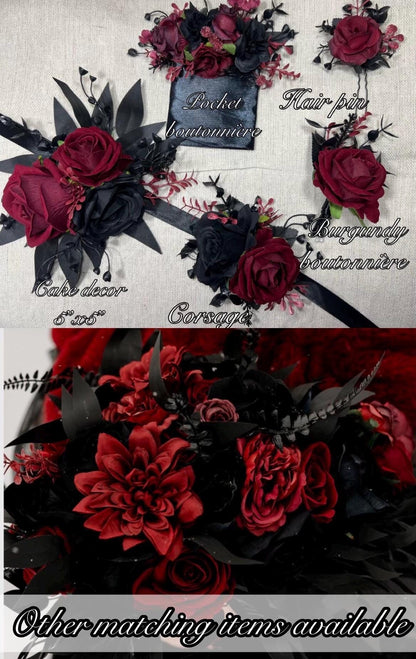 Black Cake Decor Wedding Topper Burgundy Black Decor Flower Cake Arrangement Black Gothic Cake Decoration Burgundy Artificial Flower