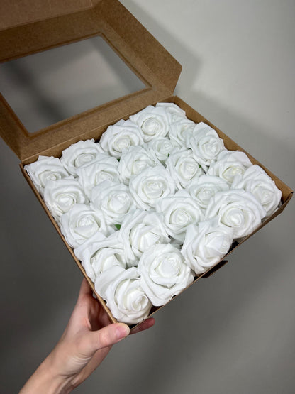 White Flower Artificial Wedding DIY Craft Supplies Pure White Rose Wedding True White Flower Head with Stem Fake Flowers White Rose Heads