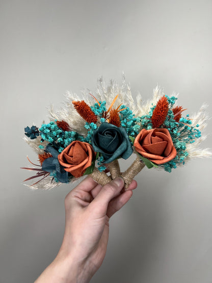 Dark Teal Corsage, Wedding Teal Blue Wrist Corsage, Bridesmaids Terracotta Boho Corsage Pampas Grass