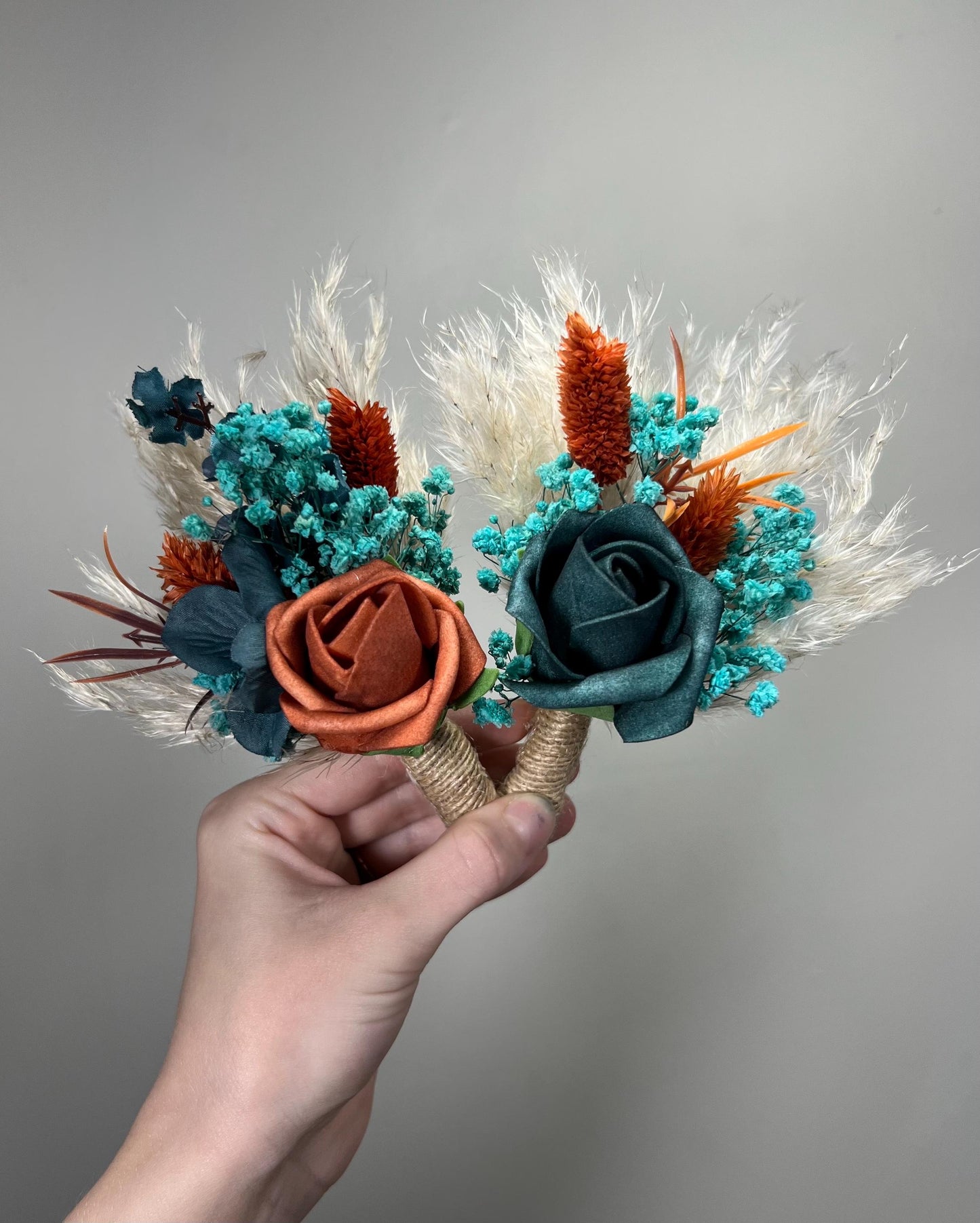 Dark Teal Corsage, Wedding Teal Blue Wrist Corsage, Bridesmaids Terracotta Boho Corsage Pampas Grass