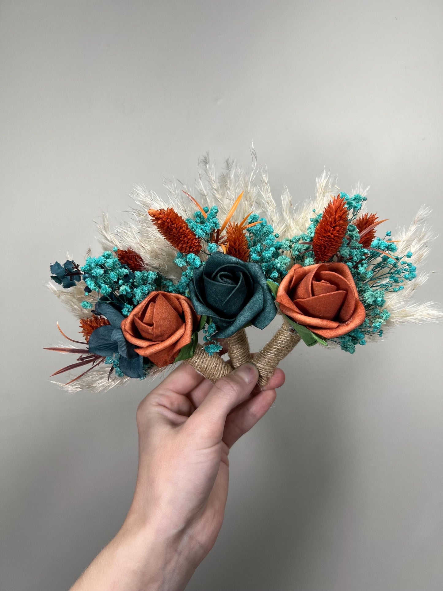 Teal Terracotta Boutonniere Wedding Dark Teal Burnt Orange Groom Boutonniere Boho Teal Blue Rust Pampas Grass Turquoise Baby Breath