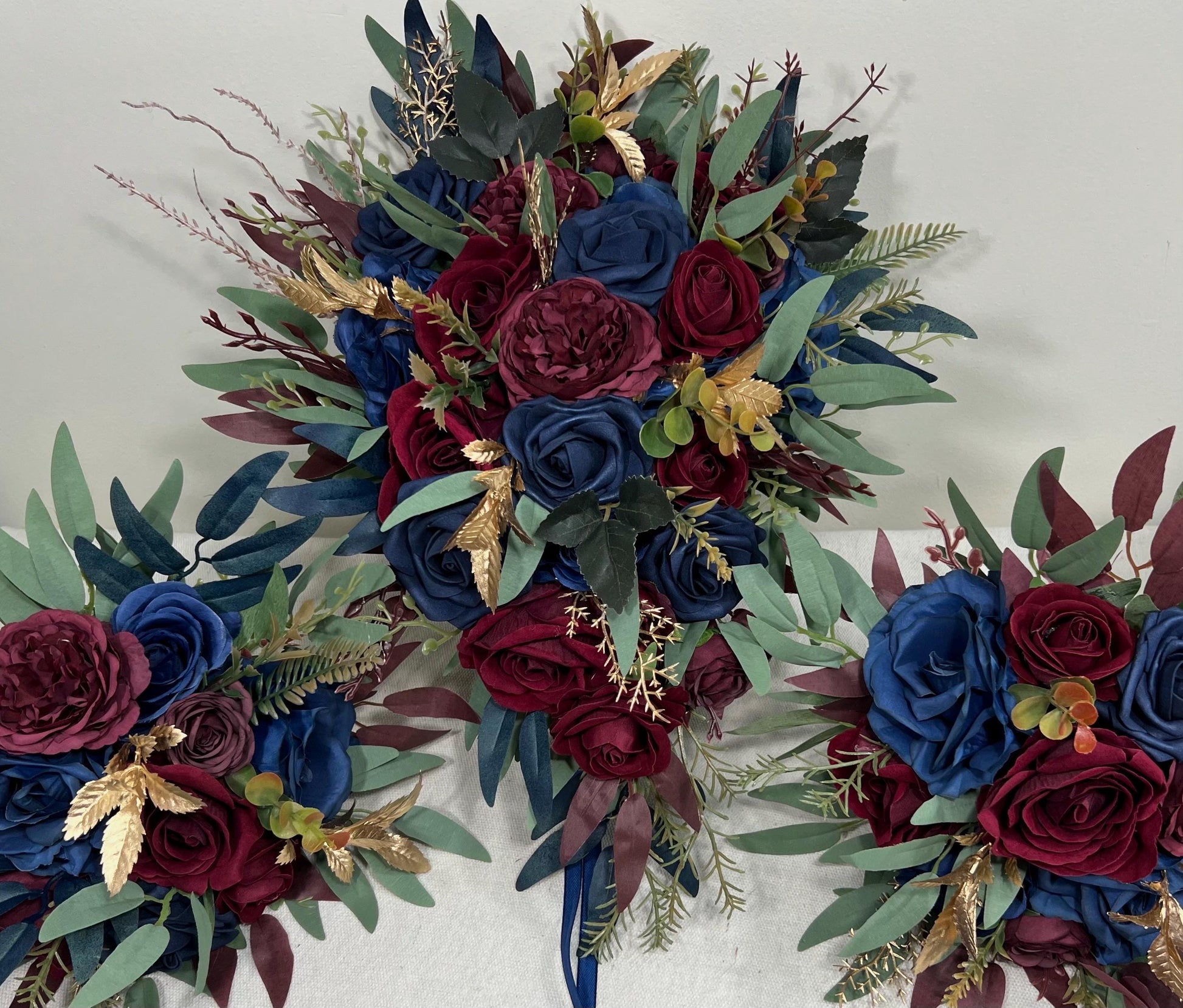 Winter Bouquet Burgundy Navy Blue Wedding Bouquet Bridal Cascading Wine Red Dark Blue Bouquet Cascade Bridesmaids Pine Tree Gold Artificial