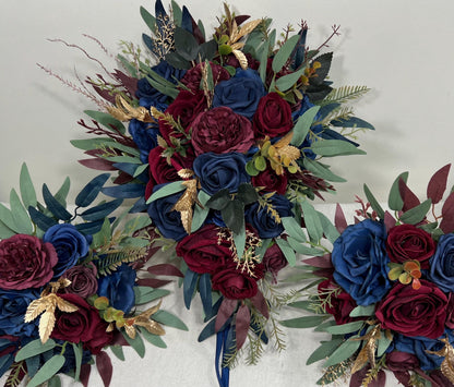 Winter Bouquet Burgundy Navy Blue Wedding Bouquet Bridal Cascading Wine Red Dark Blue Bouquet Cascade Bridesmaids Pine Tree Gold Artificial